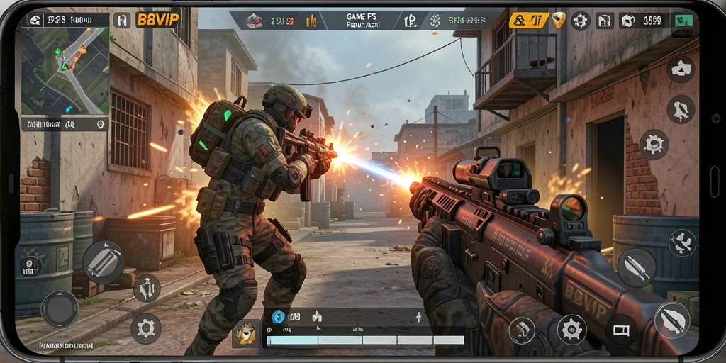 Tangkapan layar B8VIP menunjukkan aksi pertempuran menegangkan di dalam game FPS.