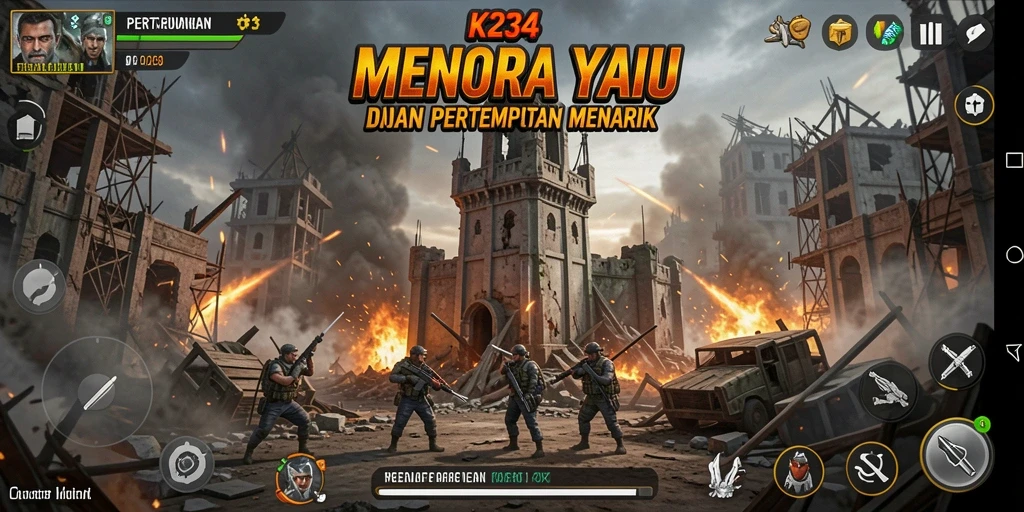 Tangkapan layar K234 yang menunjukkan adegan menara bertahan melawan musuh.