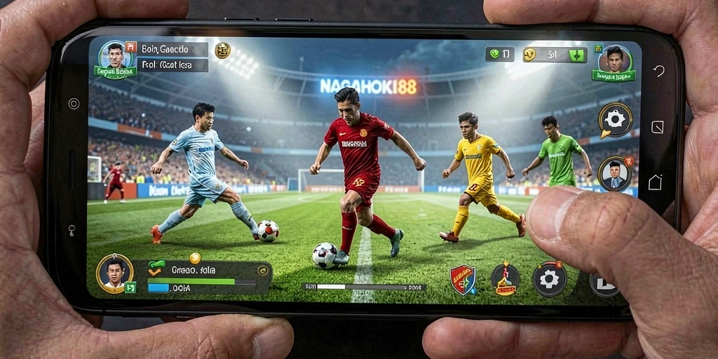 Tampilan gameplay seru dalam NAGAHOKI88 dengan aksi sepak bola menegangkan.